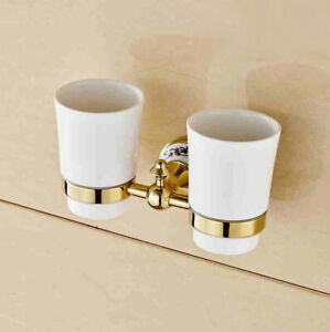 Golden Brass Wall Mount Bathroom Toothbrush Holder w/ Two Ceramic Cups Gba248