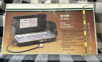  Estufa de propano de dos quemadores vintage Sears Hillary Deluxe 672754 *nueva caja abierta* Foto 1 de 4