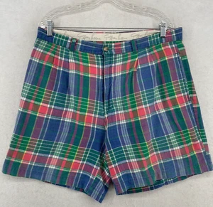 GEOFFREY BEENE Shorts Mens 36 Chino 6" Madras Plaid Pleated Cotton Blue Green - Picture 1 of 14