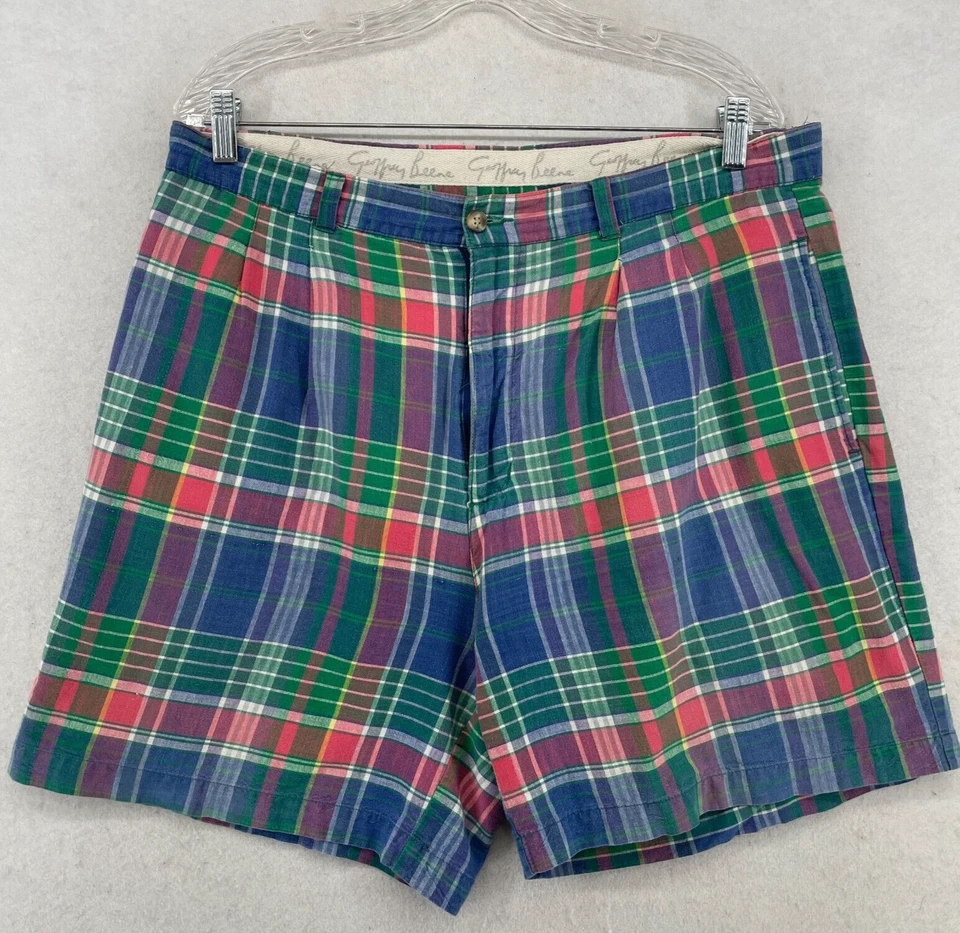 GEOFFREY BEENE Shorts Mens 36 Chino 6" Madras Plaid Pleated Cotton Blue Green - Image 1 of 4