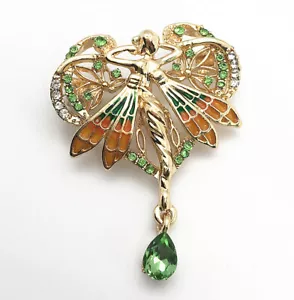 Women's Green Crystal Enamel Fairy Angel Heart Brooch Pin - Picture 1 of 3