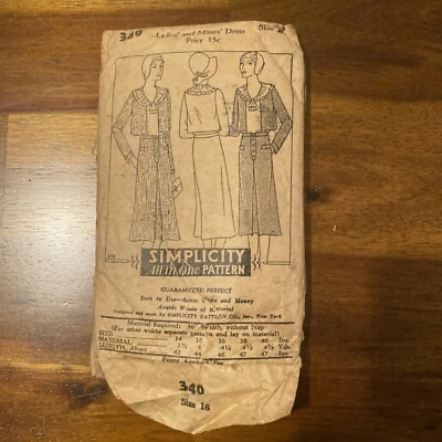 Rare 1930s Sewing Pattern Simplicity 340 All In 1 Pattern Ladies & Misses Dress - Image 1 of 2