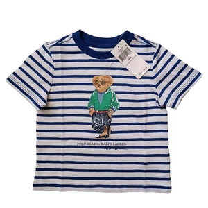 Polo Ralph Lauren T Shirt Toddler 18M White Blue Striped Polo Bear Short Sleeve - Picture 1 of 10