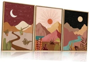 Modern Boho Framed Canvas Wall Art Set 16"x24"x3 Boho Mountains Wall Art - Picture 1 of 7