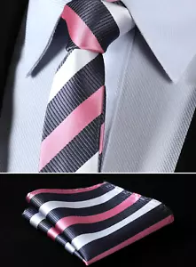 Mens SET Skinny Tie 7CM Slim Pink Silver Grey White Stripe FREE Pocket Hanky UK - Picture 1 of 3