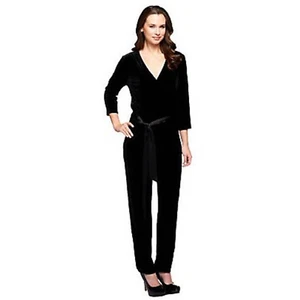 Susan Graver Damen XS Surplus Jumpsuit schwarz Samt 3/4 Arm Reißverschluss hinten Gürtel - Bild 1 von 10