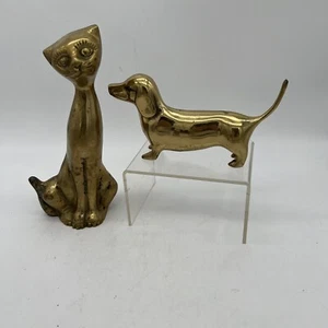 Vintage Brass MCM Cat and Dachshund Figurines - Picture 1 of 8