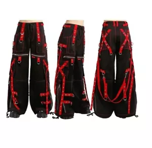 Unisex Black Pant Punk Rock Gothic Style Trouser with Red Straps 100% cotton - Picture 1 of 7