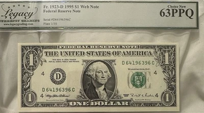🔥1995 $1 FRN 'WEB' Note Fr. 1923-D Legacy Graded Choice New 63PPQ Plate 1/10🔥 - Image 1 of 2