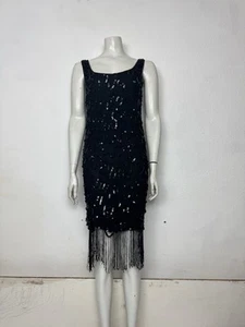 Vintage 90s Black Sequin Tassel Fringe Flapper Style 20s Gatsby Dress Size 10 - Picture 1 of 7