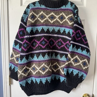 Suéter Vintage Abuelo Indio XL Azul Púrpura Geométrico 100% Lana Ecuador Foto 1 de 4