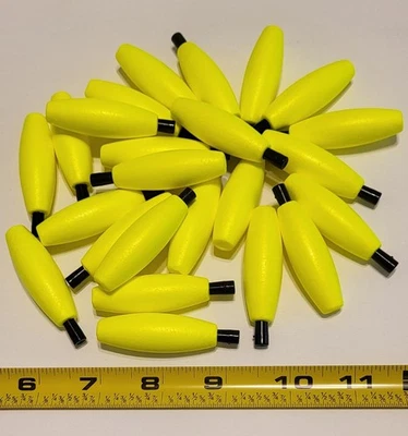 24 Fishing Floats, 2" BRIGHT Yellow Cigar Shape Styrofoam, Plastic Peg with hole - Image 1 of 3