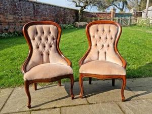 Pair Of Vintage Spoon Back Chairs, Antique Victorian Style Nursing Chair - Picture 1 of 14