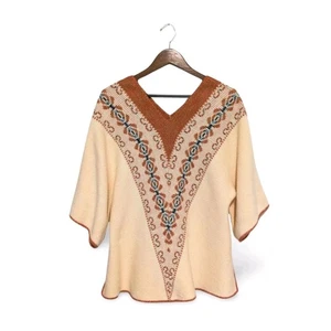 Vintage 70s Vee Neck Bohemian Poncho Sweater Pullover Cream Orange Southwest B42 - Picture 1 of 5