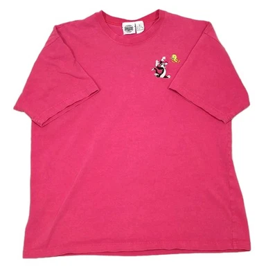 Camiseta Vintage 1994 Looney Tunes Classics Sylvester Tweety Bordada Rosa Extra Grande - Imagem 1 de 4