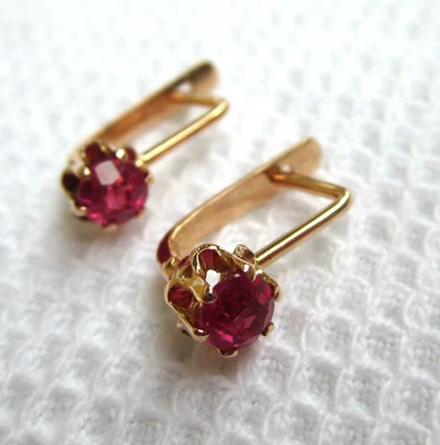 Russian Soviet Solid rose gold earrings Red Ruby corundum 583 14K Серьги рубин - Image 1 of 4