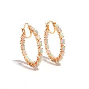 Natural Ethiopian Opal Inside Out Hoop Earrings Yellow Gold Over Sterling Silver - Picture 1 of 5