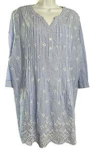 Woman Within 3/4 Sleeve Eyelet Blouse Woman’s Size L 18/20 Blue White Striped - Picture 1 of 9