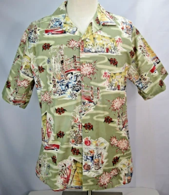 Mens Cintas Hawaiin Shirt Sz M Lt Green Hula Hut Totem Pole Floral SS Button EUC - Image 1 of 4