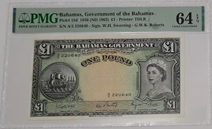 1936 BAHAMAS One Pound £1 QE II SN# A5220640 PMG 64 EPQ Choice Uncirculated Note - Bild 1 von 4