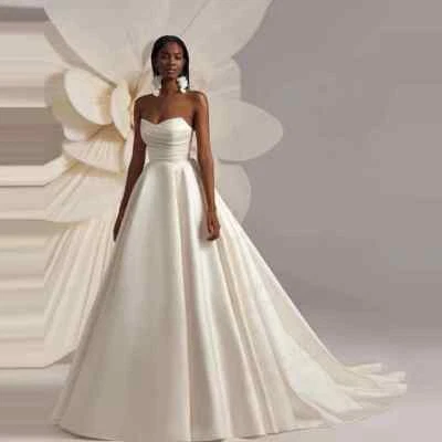 Elegant A-Line Wedding Dresses Sweetheart Neck Backless Satin Bridal Gowns Train - Image 1 of 4