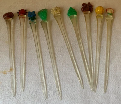 9 Bowle Picker / Spieße / Cocktail, Kunststoff mit Motiv, Vintage (313) - Bild 1 von 3