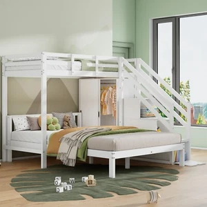 Etagenbett 90x200 + 140x200 cm Kinderbett Hochbett mit Treppe und Kleiderschrank - Bild 1 von 9