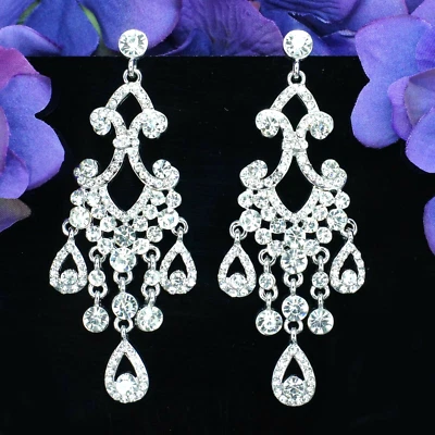 Chandelier Dangle Drop Earrings Clear Crystal Rhinestone Rhodium Plated Wedding - Image 1 of 4