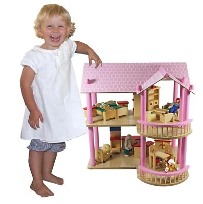 riesiges XL Puppenhaus Villa Puppenvilla Dollhouse Holz Möbel Puppen 2 Etagen