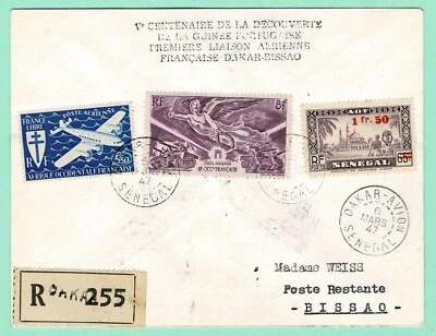 1947  Reg. First Flight Cover FFC Dakar SENEGAL to BISSAU Portuguese GUINEA - Image 1 of 2