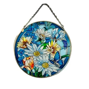 AMIA Art Glass Flower Floral & Butterfly Suncatcher on Chain Hanger Hand Painted - Picture 1 of 7