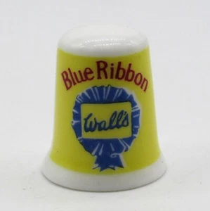 COLLECTABLE FINE BONE CHINA THIMBLE, BLUE RIBBON, WALLS ADVERTISING - Picture 1 of 4