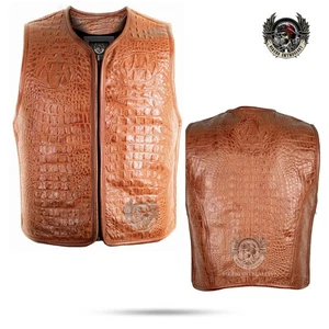 Gilet uomo invecchiato in pelle marrone stile biker gilet in rilievo alligatore - Foto 1 di 9
