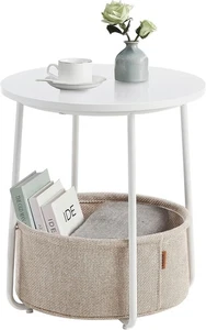 Modern Round Side Table with Storage Basket – White & Beige Bedside Table - Picture 1 of 5