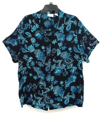 Camisa Jaclyn Smith Mujer Talla 2X Negra Azul Floral Manga Corta Abotonada Top Foto 1 de 4
