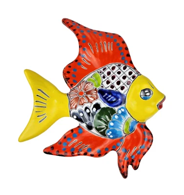 Estatuilla de cerámica de arte popular mexicano artesanal de pez estilo talavera amarillo Foto 1 de 4