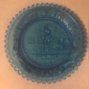 SEAL of TOWN OF TRURO MA 1709 CORN HILL CUP PLATE DISH - PAIRPOINT GLASS - BLUE - Picture 1 of 5
