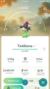 Pokemon Shiny Teddiursa Wearing a Witch Hat-TRA'DE-Registered Shiny Teddiursa GO - Picture 1 of 1