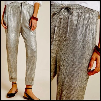 Pantalones Joggers ANTHROPOLOGIE Melora Plateados Metálicos Brillantes PEQUEÑOS Elevados Básicos Foto 1 de 4