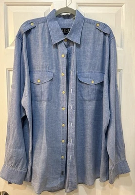 MINE Men's Blue Denim 100% Linen Shirt Sz XL Western Urban Vacation Button Front - Image 1 of 4