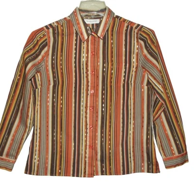 Camisa Breckenridge Mujer Mediana Botón Abajo Naranja Marrón Dorado Blusa Rayas Foto 1 de 4