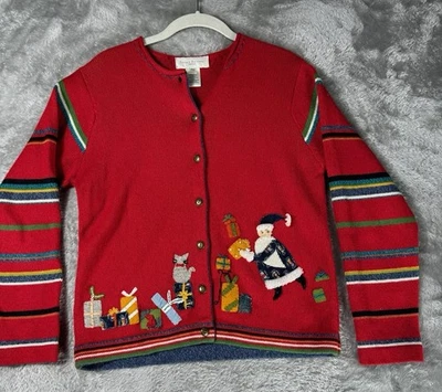 Suéter De Colección Navidad Susan Bristol Mujer PM Rojo Papá Noel Gato Años 90 Jersey Cárdigan Foto 1 de 4