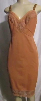 De colección Años 60 ROGERS Talla 34 Nylon Tricot Bronce DESLIZABLE COMPLETO Correa Satinada Encaje Dobladillo Busto Foto 1 de 4
