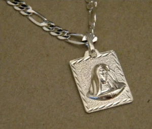 Lady's Girl's 20in Figaro Chain & Square Lady Sorrows Charm Set Silver Plated - Picture 1 of 7