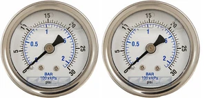 2 PACK LIQUID FILLED PRESSURE GAUGE 0-30 PSI, 2" FACE, 1/4" BACK MOUNT - Picture 1 of 3