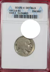 1913-S TYPE 2 BUFFALO NICKEL ANACS G4 DETAILS *OLD SOAP BOX SLAB* - Picture 1 of 4