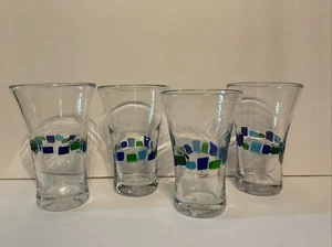 4 Hand Blown Tumbler Glasses Cobalt Blue Green Light Blue Tiles 14oz Mexico A8 - Picture 1 of 13