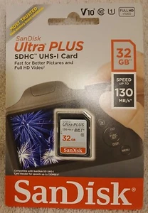 NEW - SanDisk Ultra Plus SDHC UHS-I Card 32GB Speed 130 MB/s New In Packaging - Picture 1 of 2