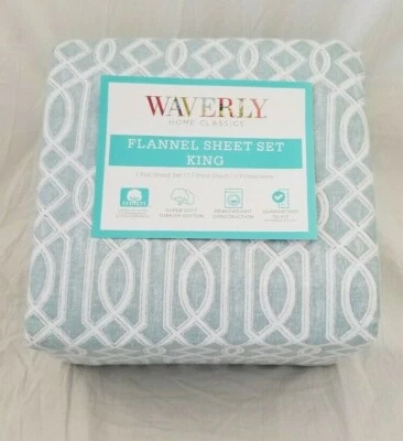 4 pc Waverly 100% Turkish Cotton Flannel Blue & White King Sheet Set NIP - Image 1 of 4