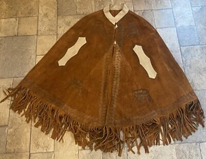Vintage Wildleder Poncho Cape Wildleder Leder mit Fransen Western Indianer Kunst - Bild 1 von 20